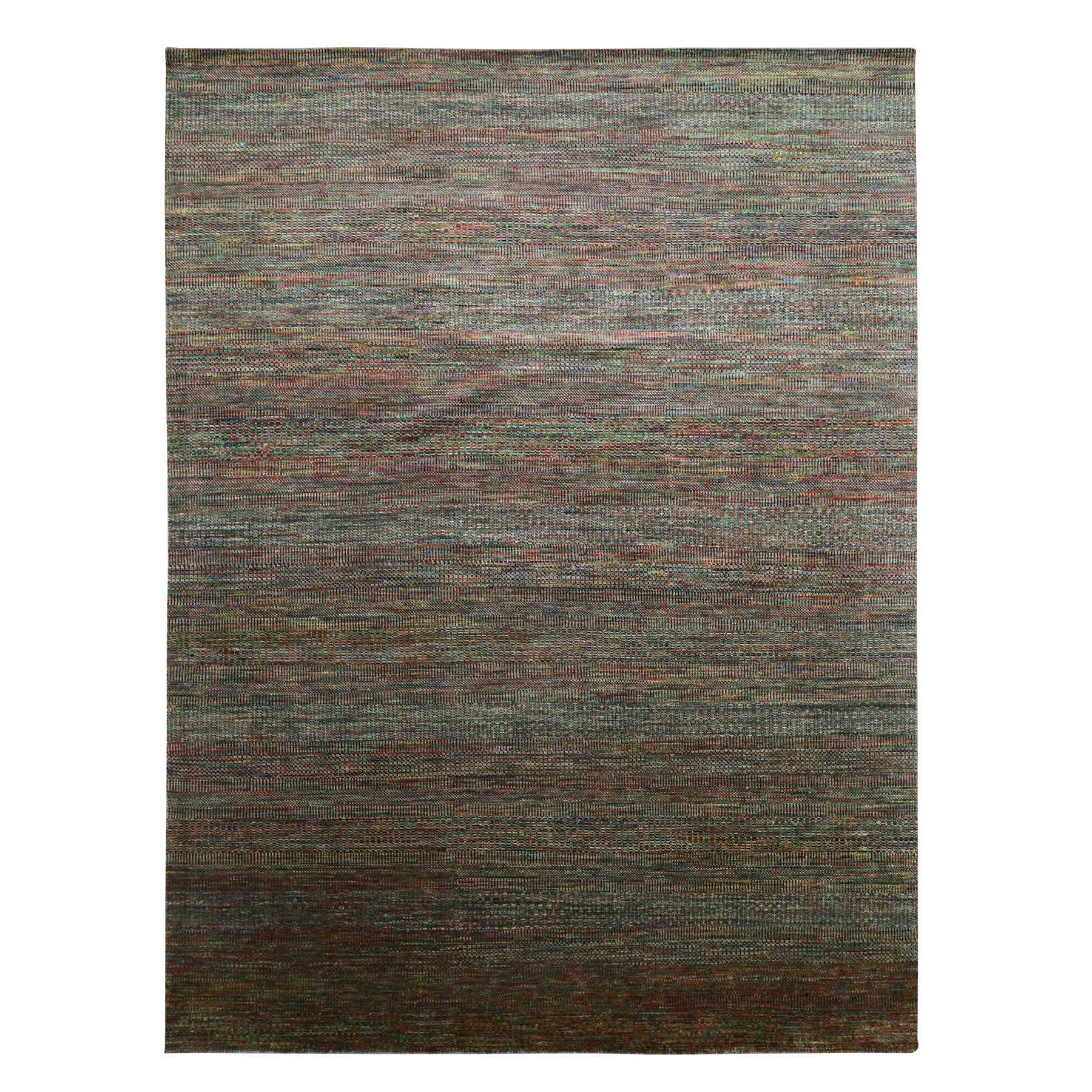 9'1"x12'2" Dark Olive Green, Wool and Silk, Modern Grass Design, Hand Knotted, Tone on Tone, Oriental Rug 